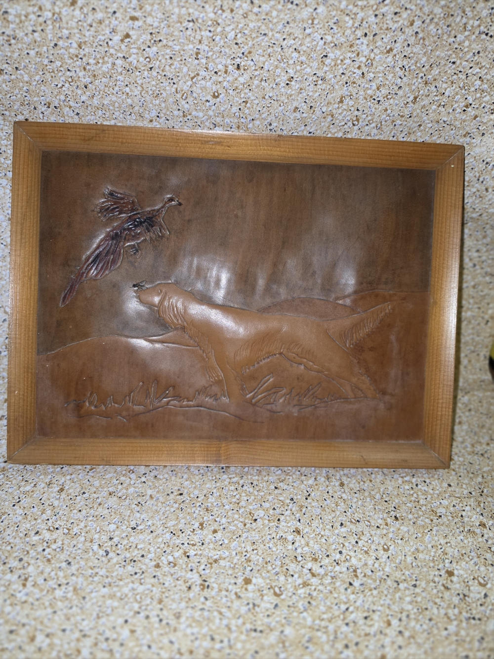 Vintage Embossed Leather Hunting Art - Dog & Pheasant 3D Relief